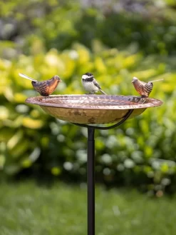 Pure Copper Bird Bath With Two Copper Birds And Multipronged Garden Pole